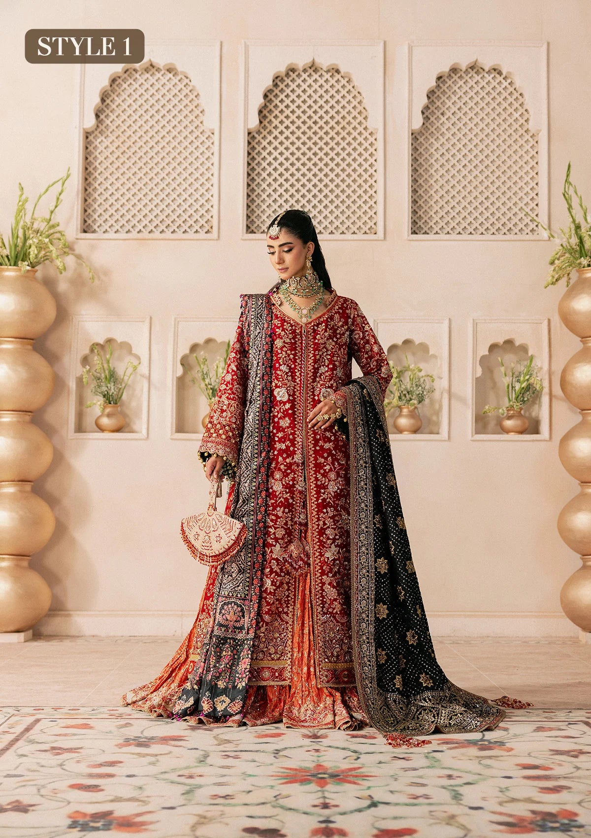 Shop red medium silk embroidered dress with masoori pants & silk dupatta. Features open front shirt with sharara or gharara—ideal for festive wear.