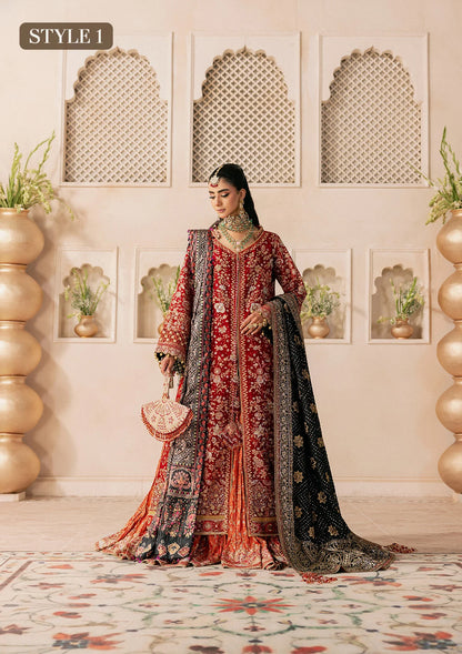 Shop red medium silk embroidered dress with masoori pants & silk dupatta. Features open front shirt with sharara or gharara—ideal for festive wear.