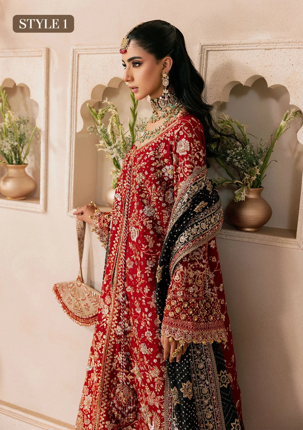 Shop red medium silk embroidered dress with masoori pants & silk dupatta. Features open front shirt with sharara or gharara—ideal for festive wear.