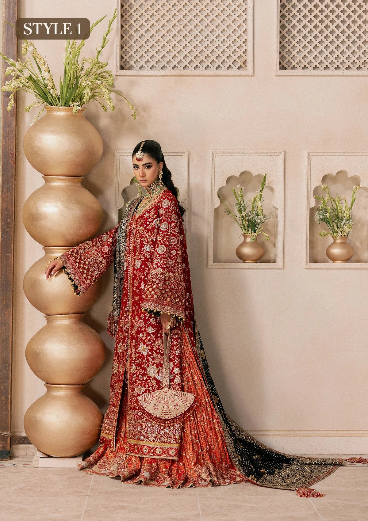 Shop red medium silk embroidered dress with masoori pants & silk dupatta. Features open front shirt with sharara or gharara—ideal for festive wear.