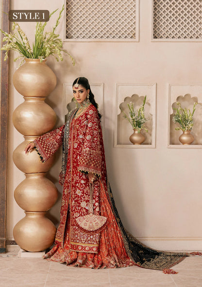 Shop red medium silk embroidered dress with masoori pants & silk dupatta. Features open front shirt with sharara or gharara—ideal for festive wear.