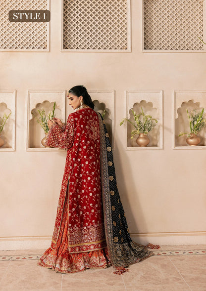 Shop red medium silk embroidered dress with masoori pants & silk dupatta. Features open front shirt with sharara or gharara—ideal for festive wear.
