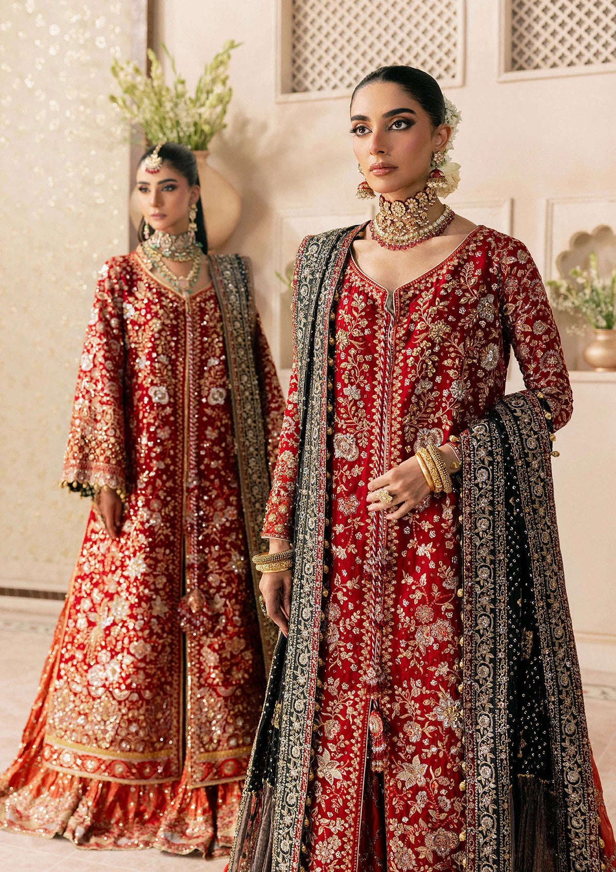 Shop red medium silk embroidered dress with masoori pants & silk dupatta. Features open front shirt with sharara or gharara—ideal for festive wear.
