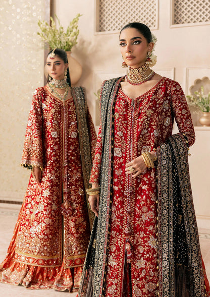 Shop red medium silk embroidered dress with masoori pants & silk dupatta. Features open front shirt with sharara or gharara—ideal for festive wear.