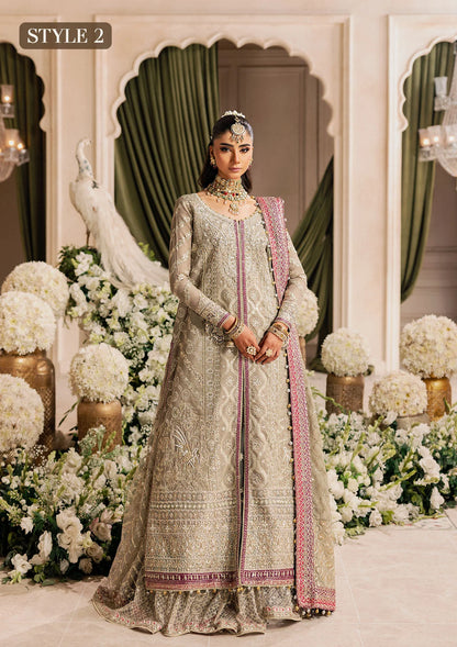 Shop grey khaadi net embroidered dress with masoori pants & chiffon dupatta. Features long shirt with gharara or open front skirt style—perfect festive wear.