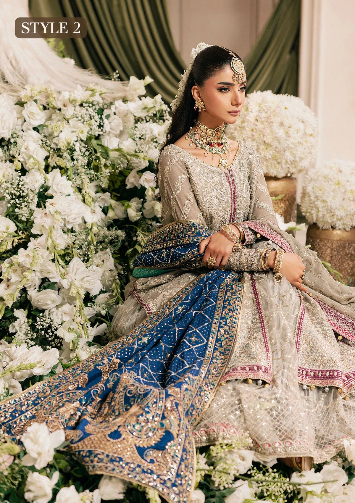 Shop grey khaadi net embroidered dress with masoori pants & chiffon dupatta. Features long shirt with gharara or open front skirt style—perfect festive wear.