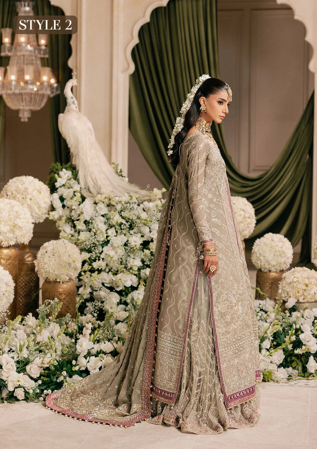 Shop grey khaadi net embroidered dress with masoori pants & chiffon dupatta. Features long shirt with gharara or open front skirt style—perfect festive wear.