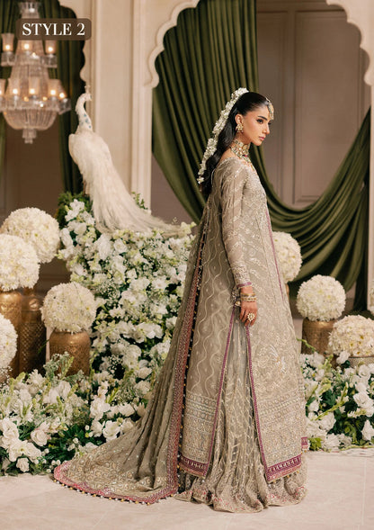 Shop grey khaadi net embroidered dress with masoori pants & chiffon dupatta. Features long shirt with gharara or open front skirt style—perfect festive wear.