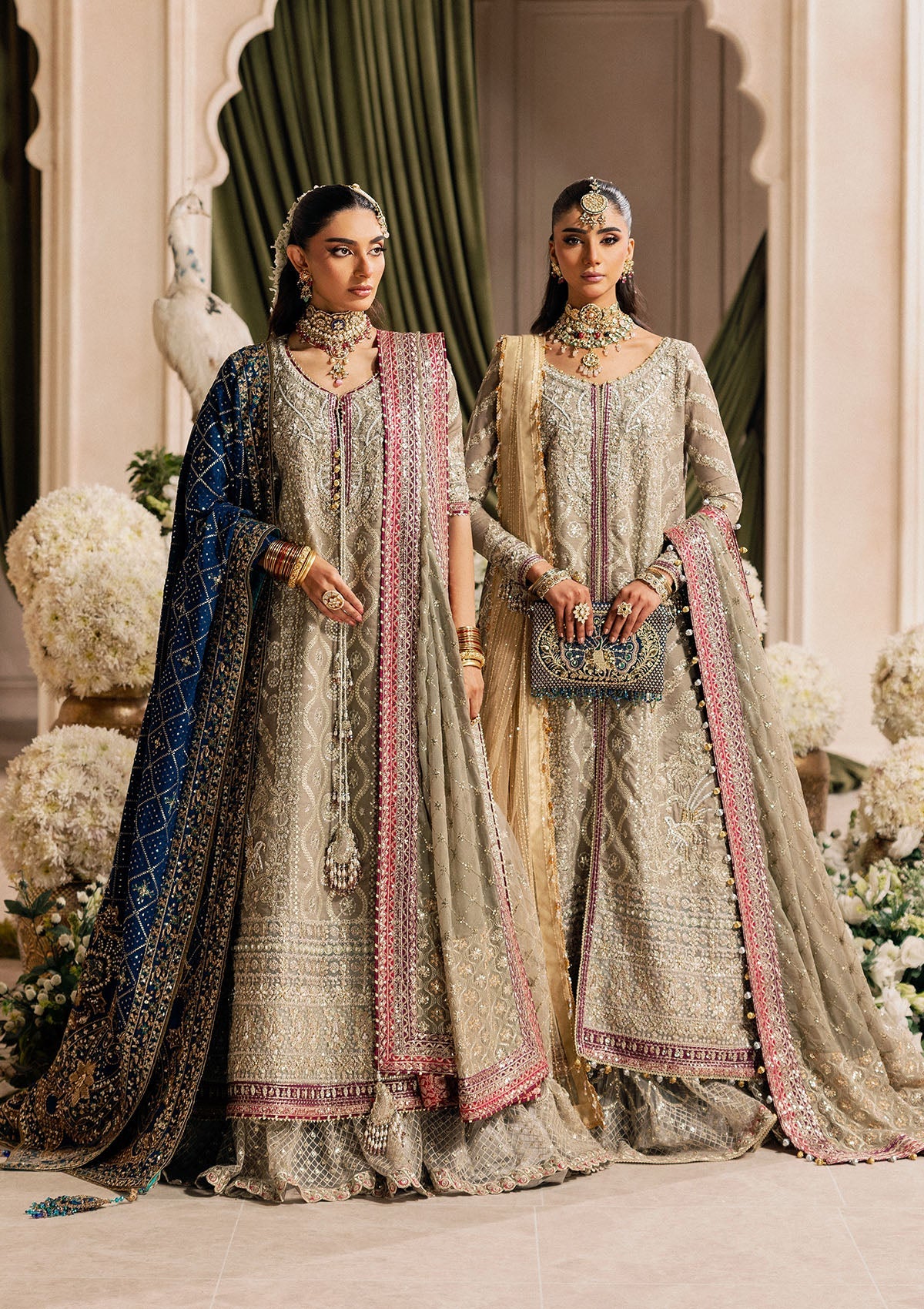Shop grey khaadi net embroidered dress with masoori pants & chiffon dupatta. Features long shirt with gharara or open front skirt style—perfect festive wear.