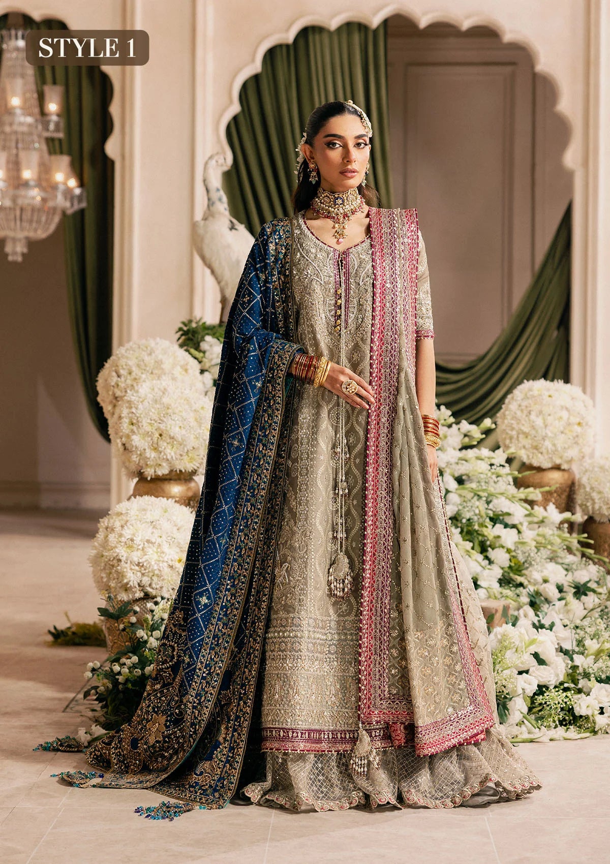 Shop grey khaadi net embroidered dress with masoori pants & chiffon dupatta. Features long shirt with gharara or open front skirt style—perfect festive wear.