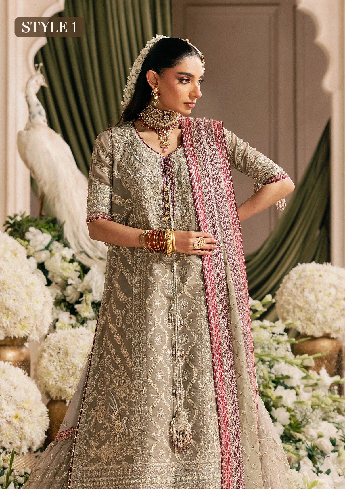 Shop grey khaadi net embroidered dress with masoori pants & chiffon dupatta. Features long shirt with gharara or open front skirt style—perfect festive wear.