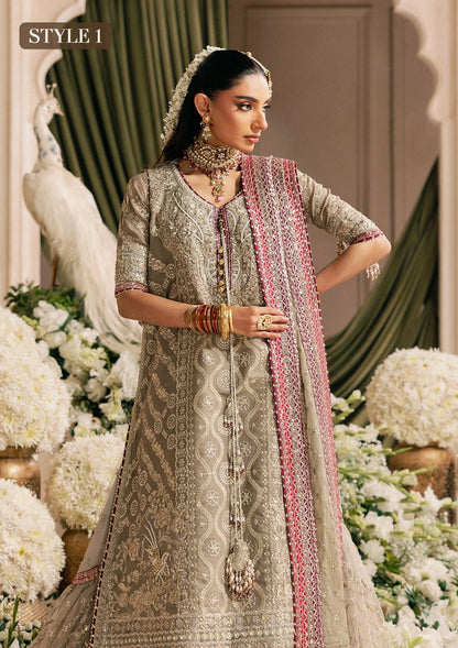 Shop grey khaadi net embroidered dress with masoori pants & chiffon dupatta. Features long shirt with gharara or open front skirt style—perfect festive wear.