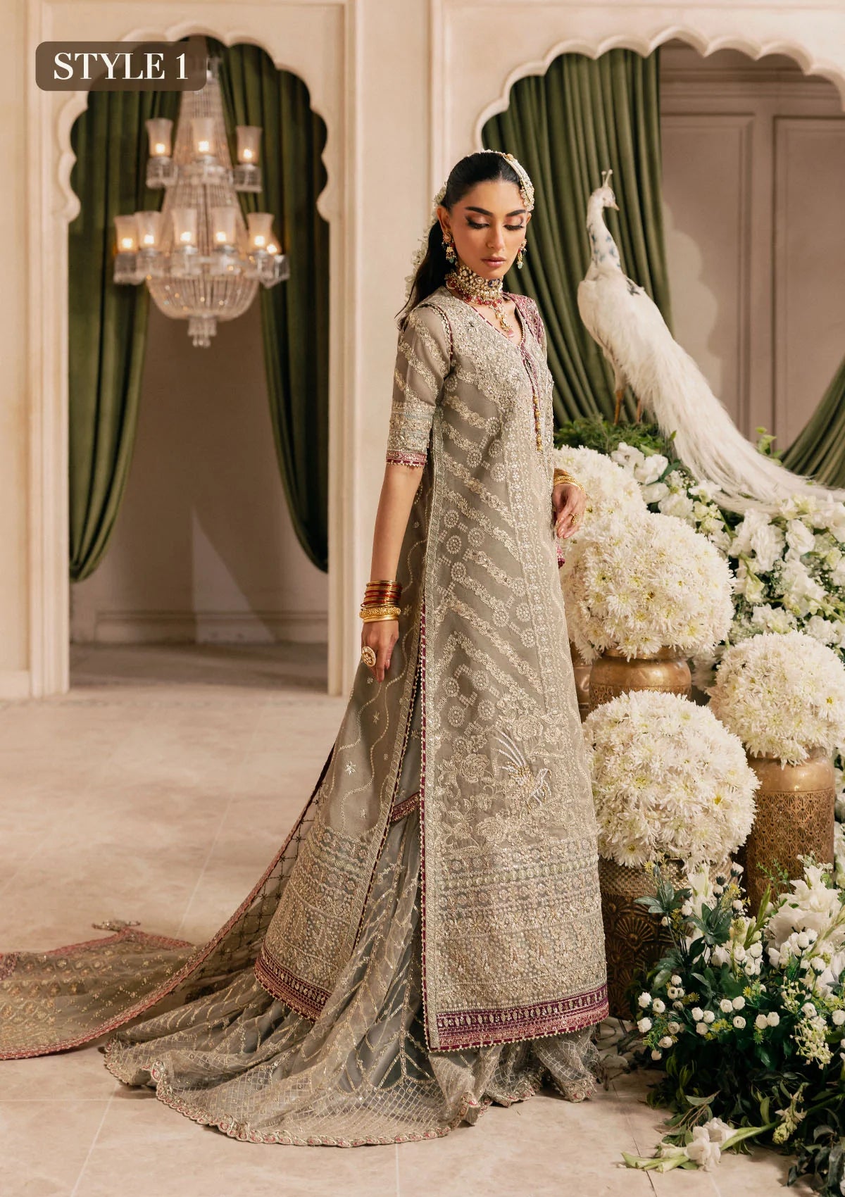 Shop grey khaadi net embroidered dress with masoori pants & chiffon dupatta. Features long shirt with gharara or open front skirt style—perfect festive wear.