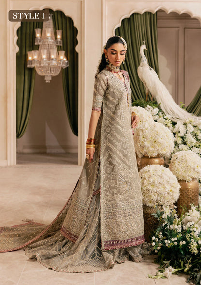 Shop grey khaadi net embroidered dress with masoori pants & chiffon dupatta. Features long shirt with gharara or open front skirt style—perfect festive wear.