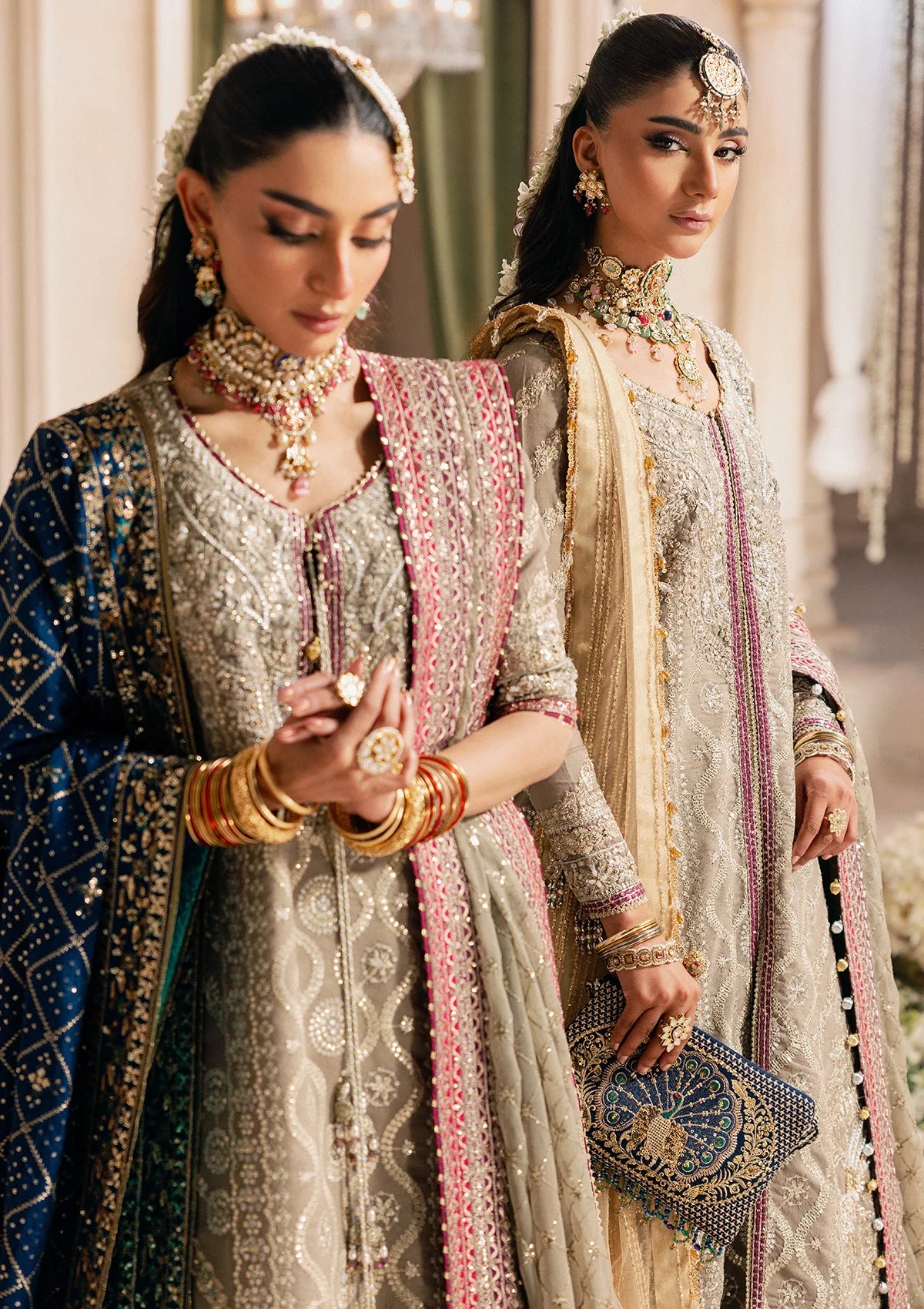 Shop grey khaadi net embroidered dress with masoori pants & chiffon dupatta. Features long shirt with gharara or open front skirt style—perfect festive wear.