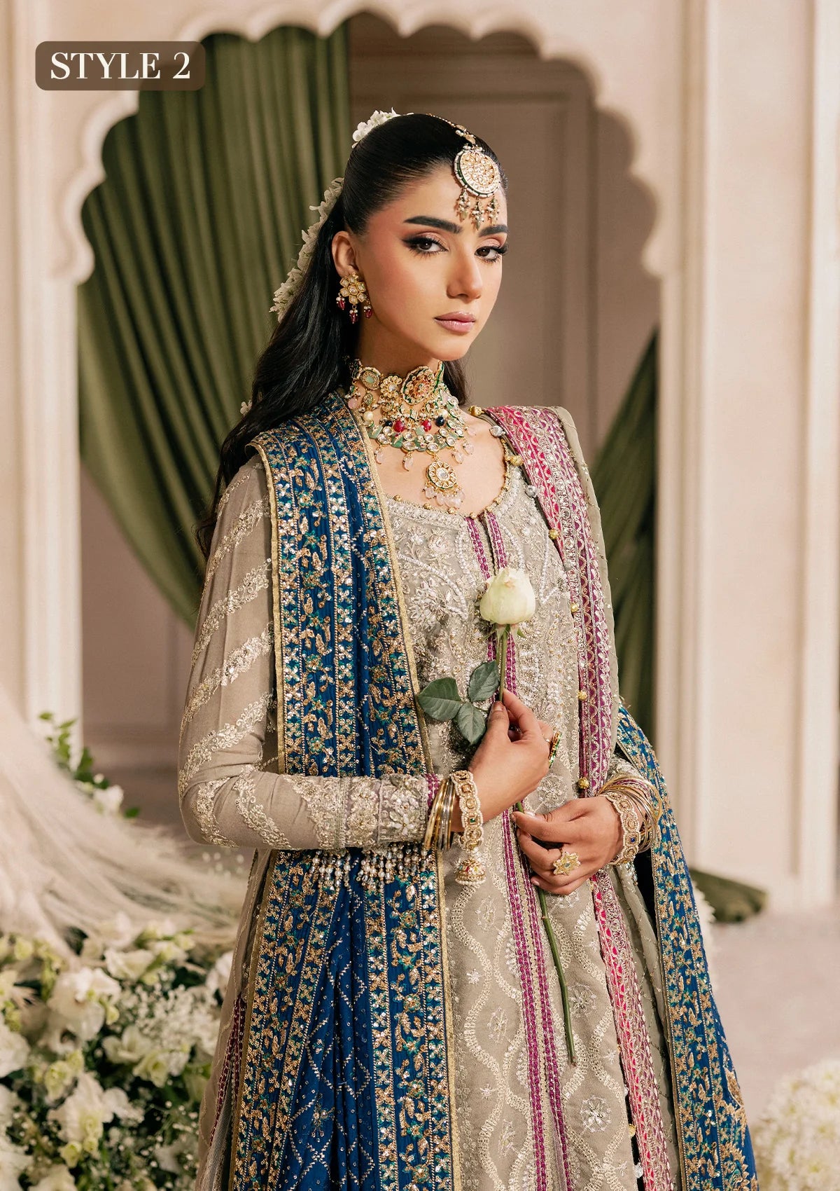 Shop grey khaadi net embroidered dress with masoori pants & chiffon dupatta. Features long shirt with gharara or open front skirt style—perfect festive wear.