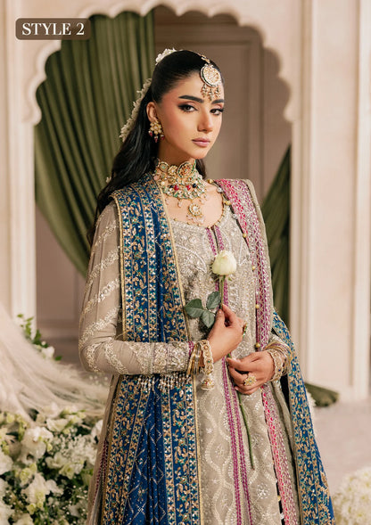 Shop grey khaadi net embroidered dress with masoori pants & chiffon dupatta. Features long shirt with gharara or open front skirt style—perfect festive wear.
