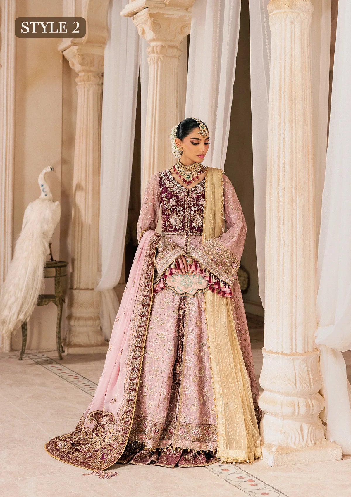 Shop pink chiffon embroidered dress with masoori pants & dupatta. Features kalidar with gharara or open front sharara—perfect for weddings & events.