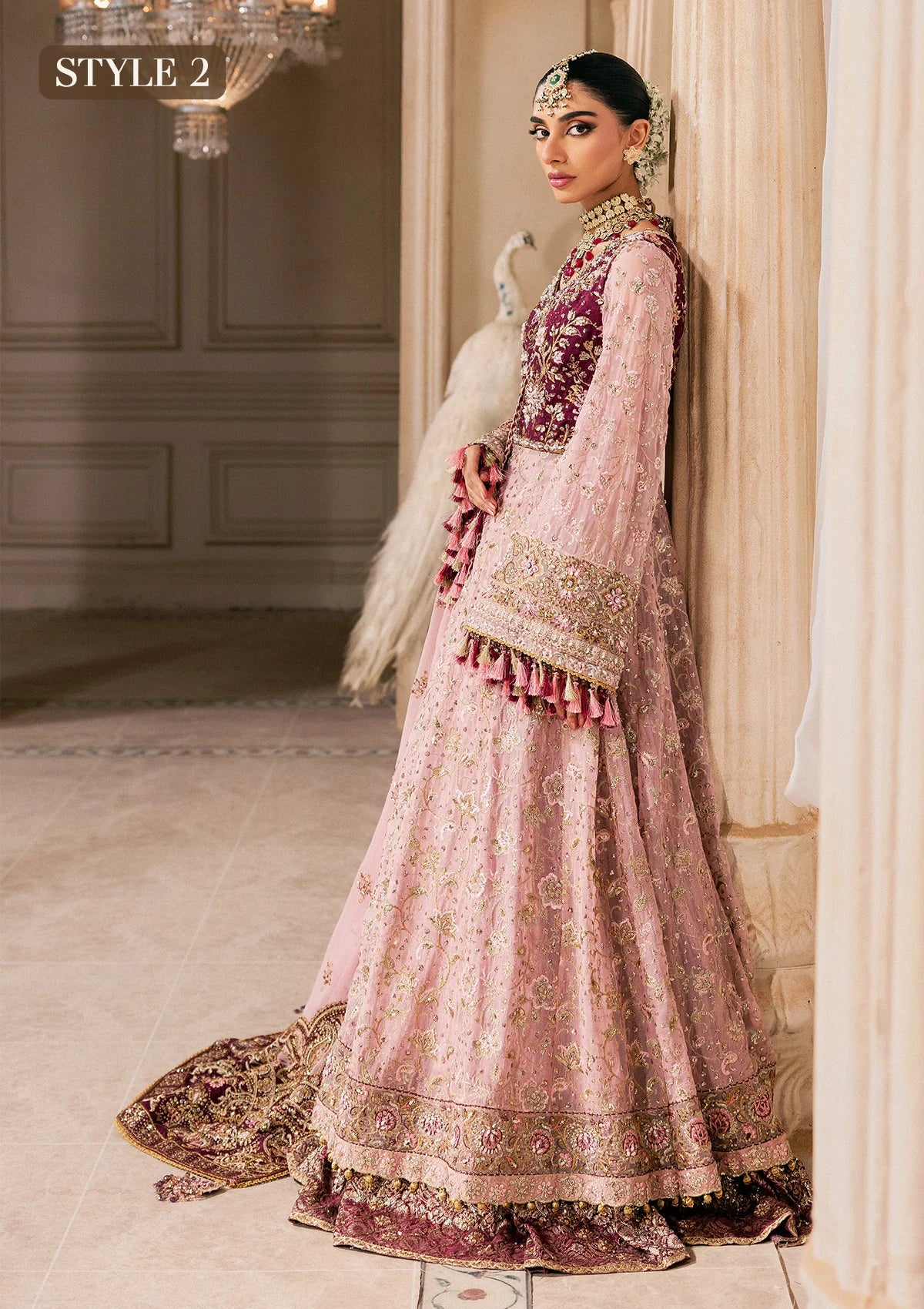 Shop pink chiffon embroidered dress with masoori pants & dupatta. Features kalidar with gharara or open front sharara—perfect for weddings & events.
