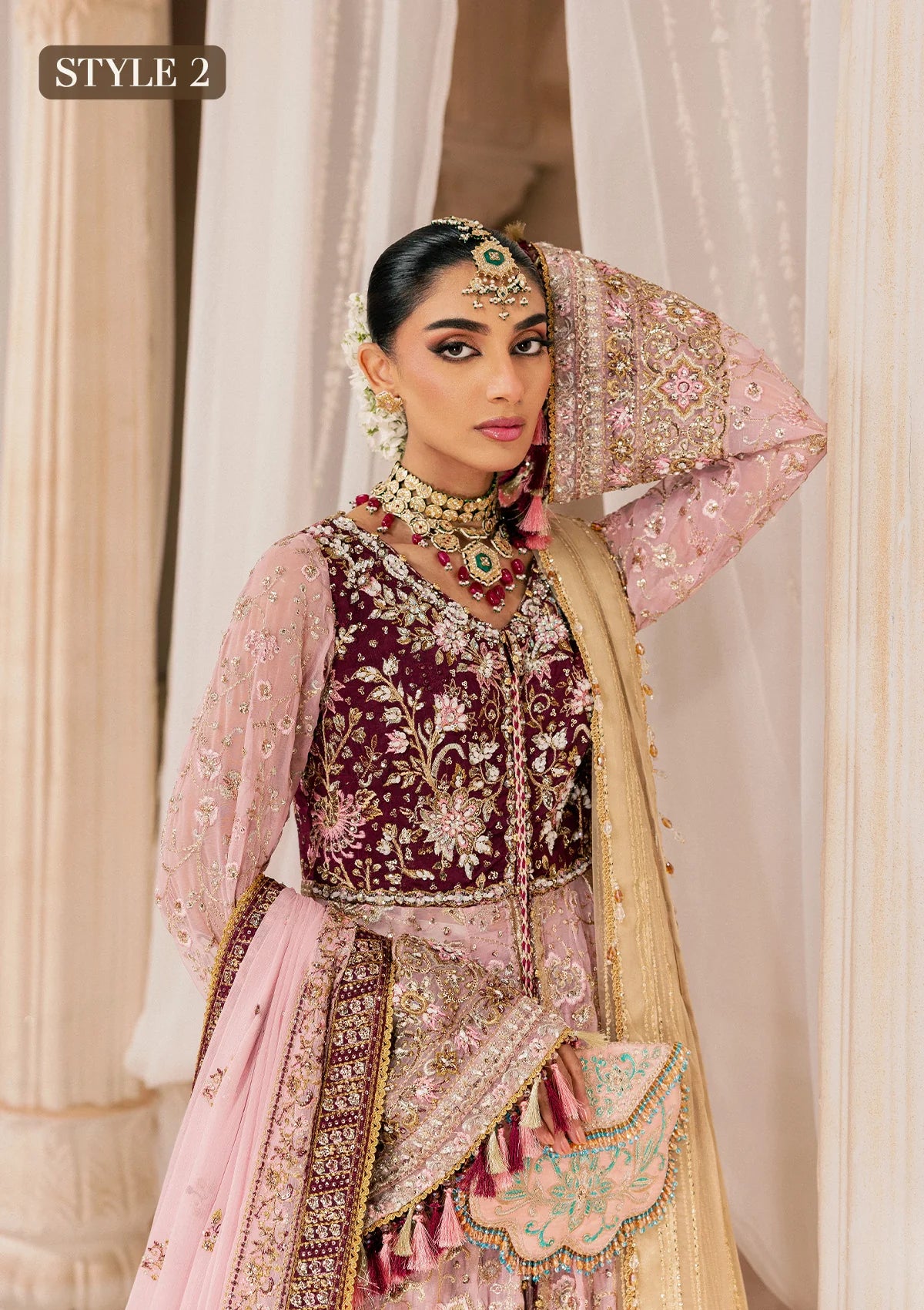 Shop pink chiffon embroidered dress with masoori pants & dupatta. Features kalidar with gharara or open front sharara—perfect for weddings & events.