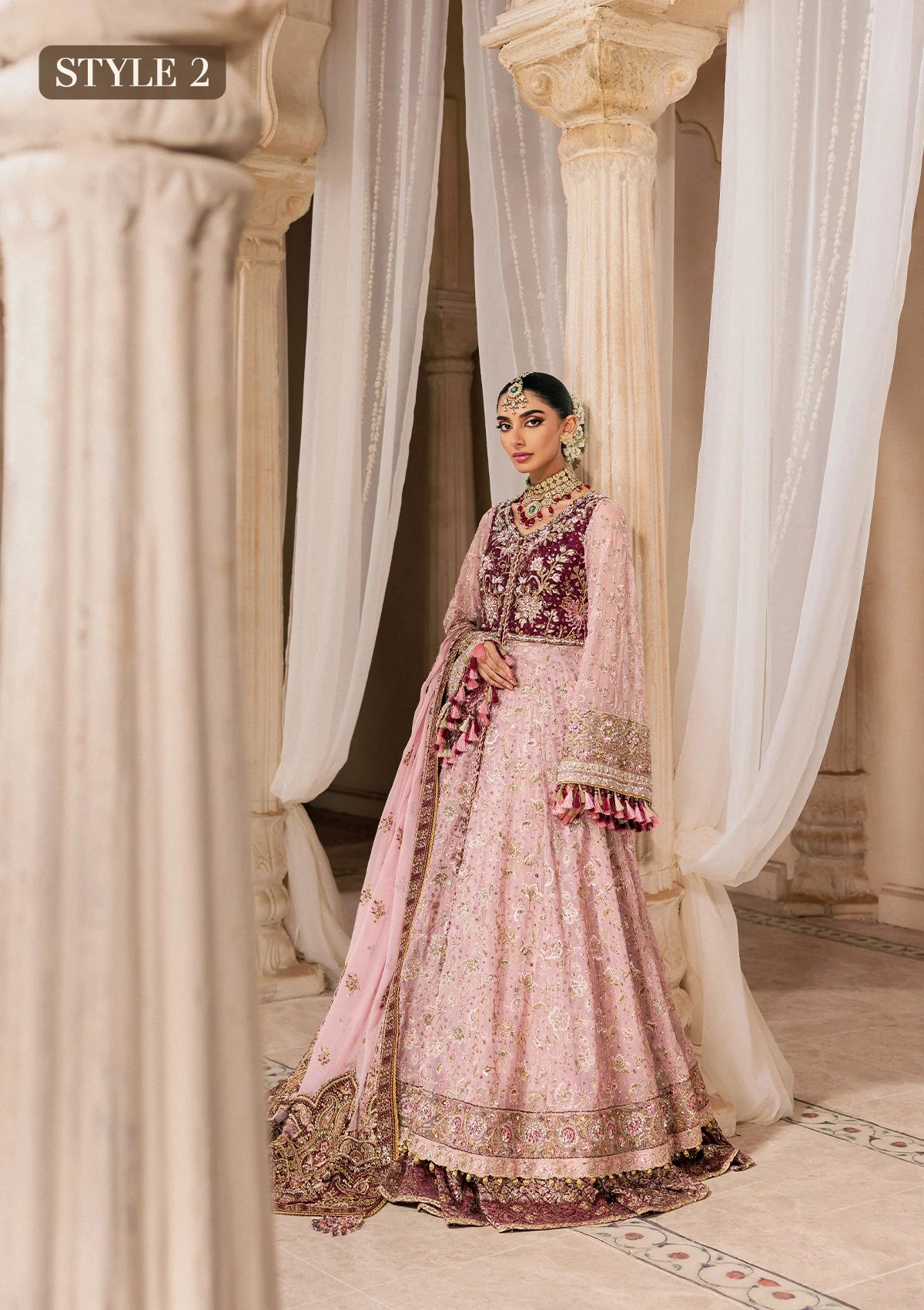 Shop pink chiffon embroidered dress with masoori pants & dupatta. Features kalidar with gharara or open front sharara—perfect for weddings & events.