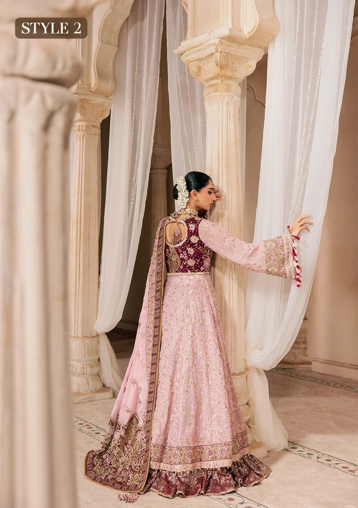 Shop pink chiffon embroidered dress with masoori pants & dupatta. Features kalidar with gharara or open front sharara—perfect for weddings & events.