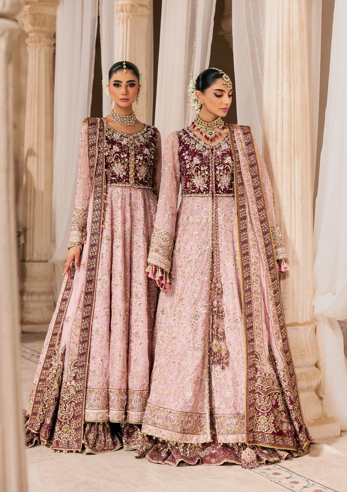 Shop pink chiffon embroidered dress with masoori pants & dupatta. Features kalidar with gharara or open front sharara—perfect for weddings & events.