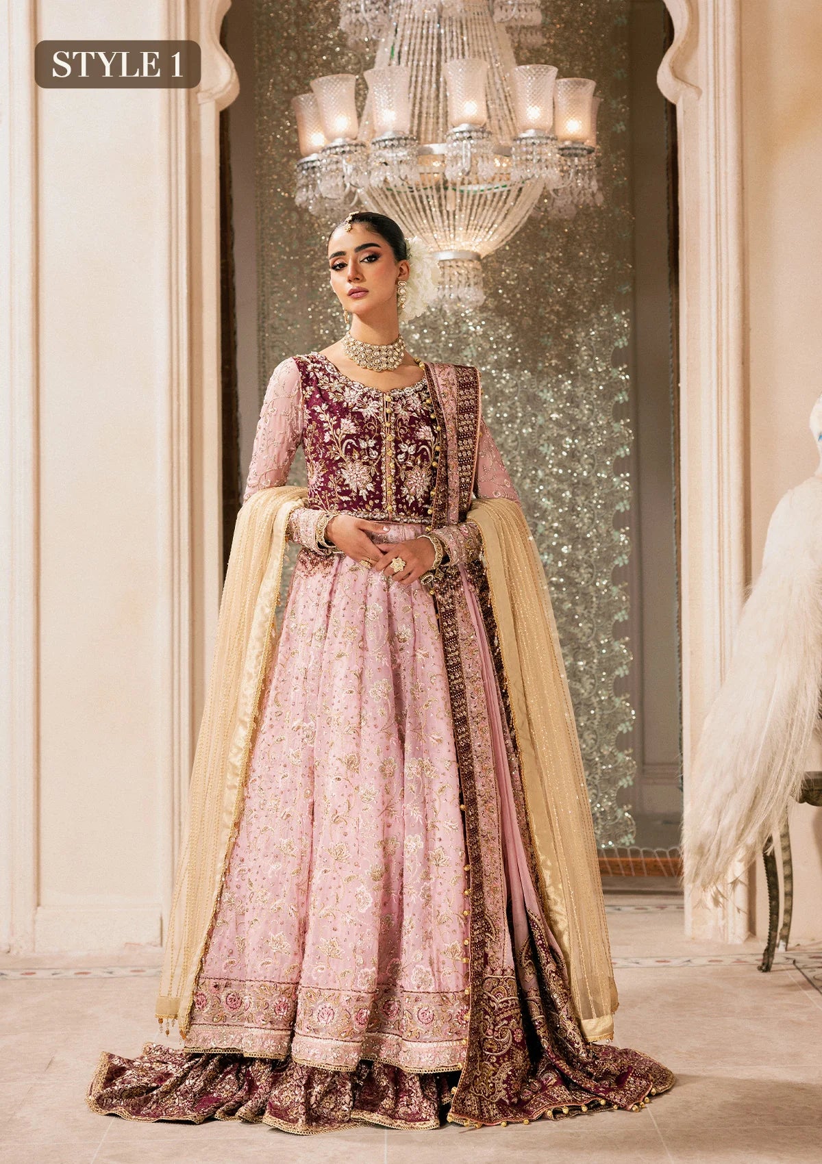 Shop pink chiffon embroidered dress with masoori pants & dupatta. Features kalidar with gharara or open front sharara—perfect for weddings & events.