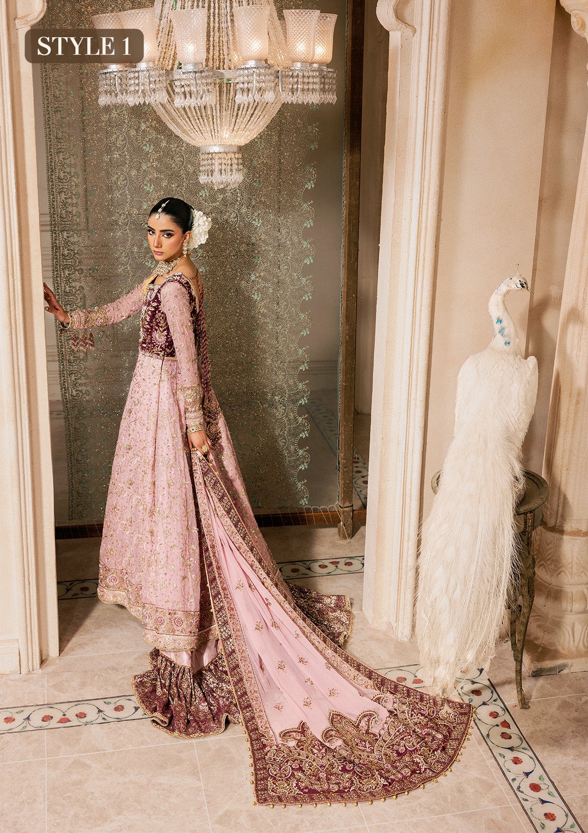 Shop pink chiffon embroidered dress with masoori pants & dupatta. Features kalidar with gharara or open front sharara—perfect for weddings & events.