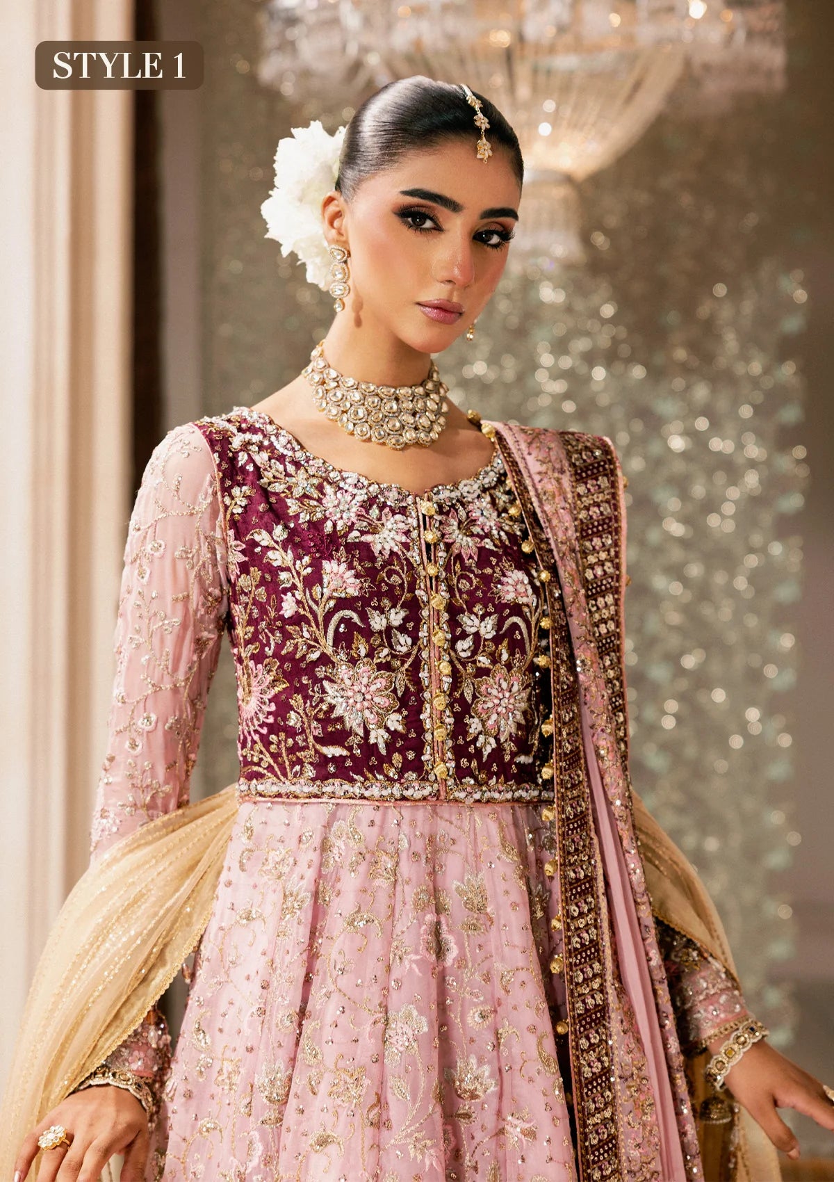 Shop pink chiffon embroidered dress with masoori pants & dupatta. Features kalidar with gharara or open front sharara—perfect for weddings & events.