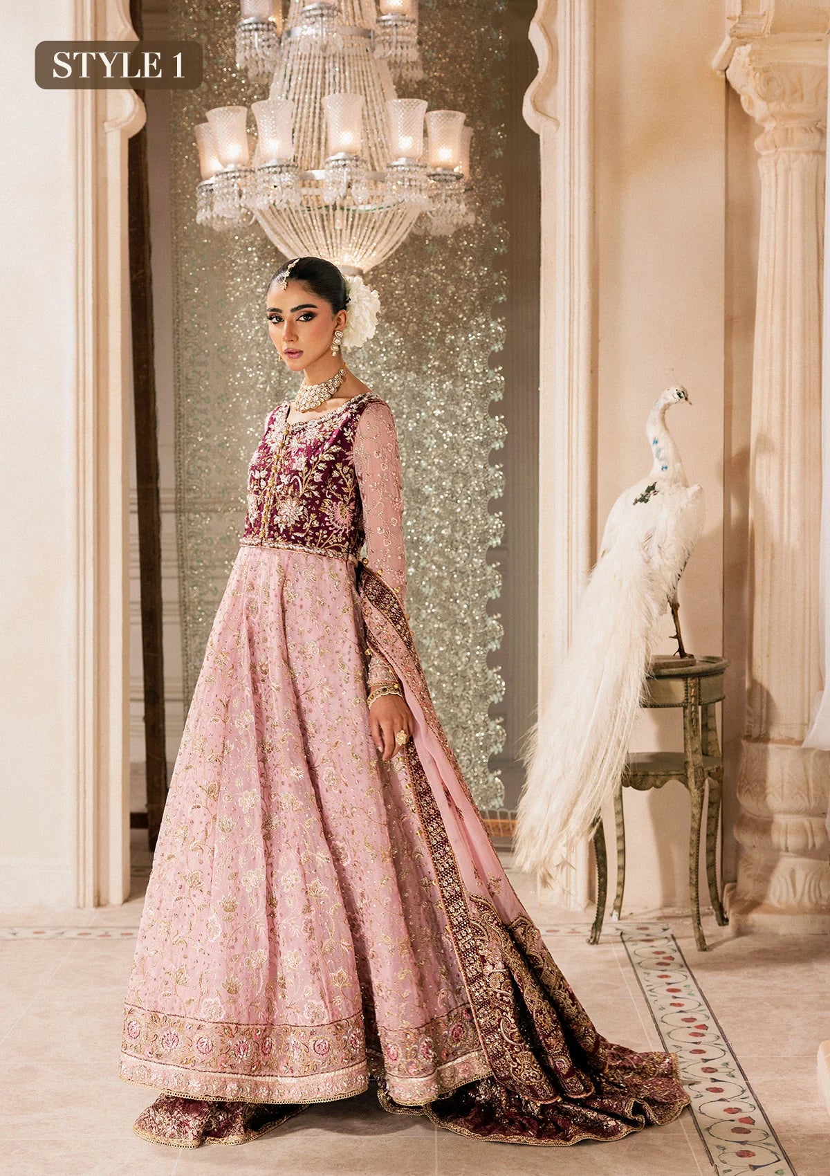 Shop pink chiffon embroidered dress with masoori pants & dupatta. Features kalidar with gharara or open front sharara—perfect for weddings & events.