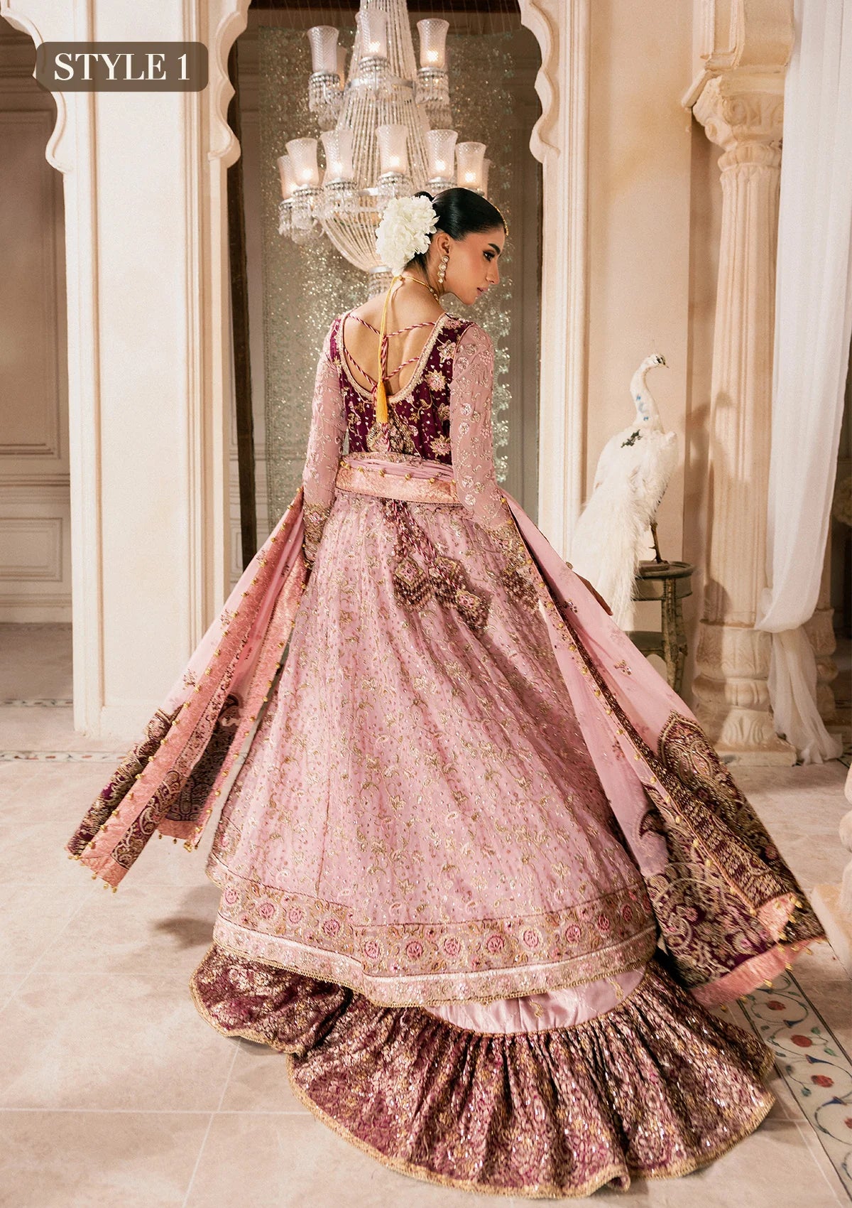 Shop pink chiffon embroidered dress with masoori pants & dupatta. Features kalidar with gharara or open front sharara—perfect for weddings & events.