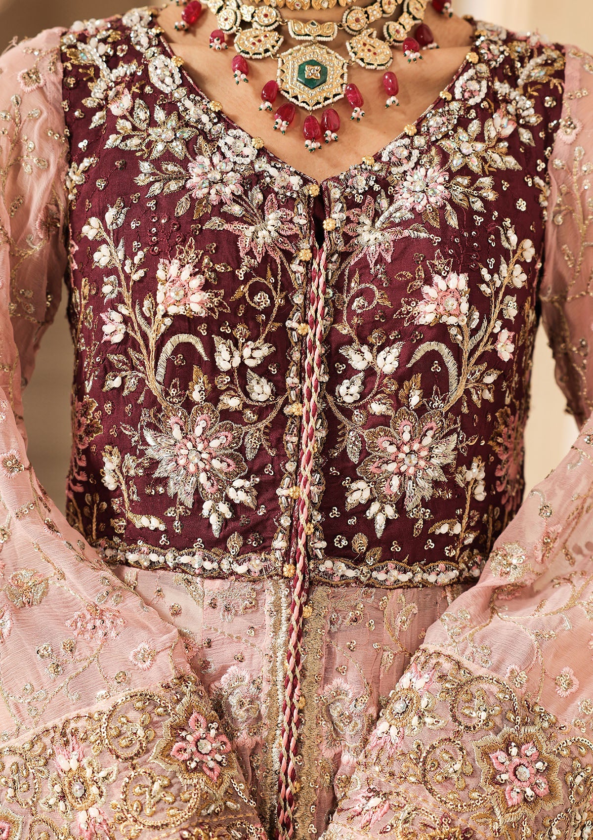 Shop pink chiffon embroidered dress with masoori pants & dupatta. Features kalidar with gharara or open front sharara—perfect for weddings & events.