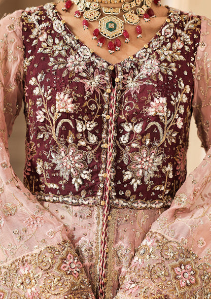 Shop pink chiffon embroidered dress with masoori pants & dupatta. Features kalidar with gharara or open front sharara—perfect for weddings & events.
