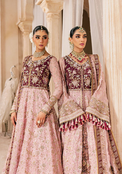 Shop pink chiffon embroidered dress with masoori pants & dupatta. Features kalidar with gharara or open front sharara—perfect for weddings & events.