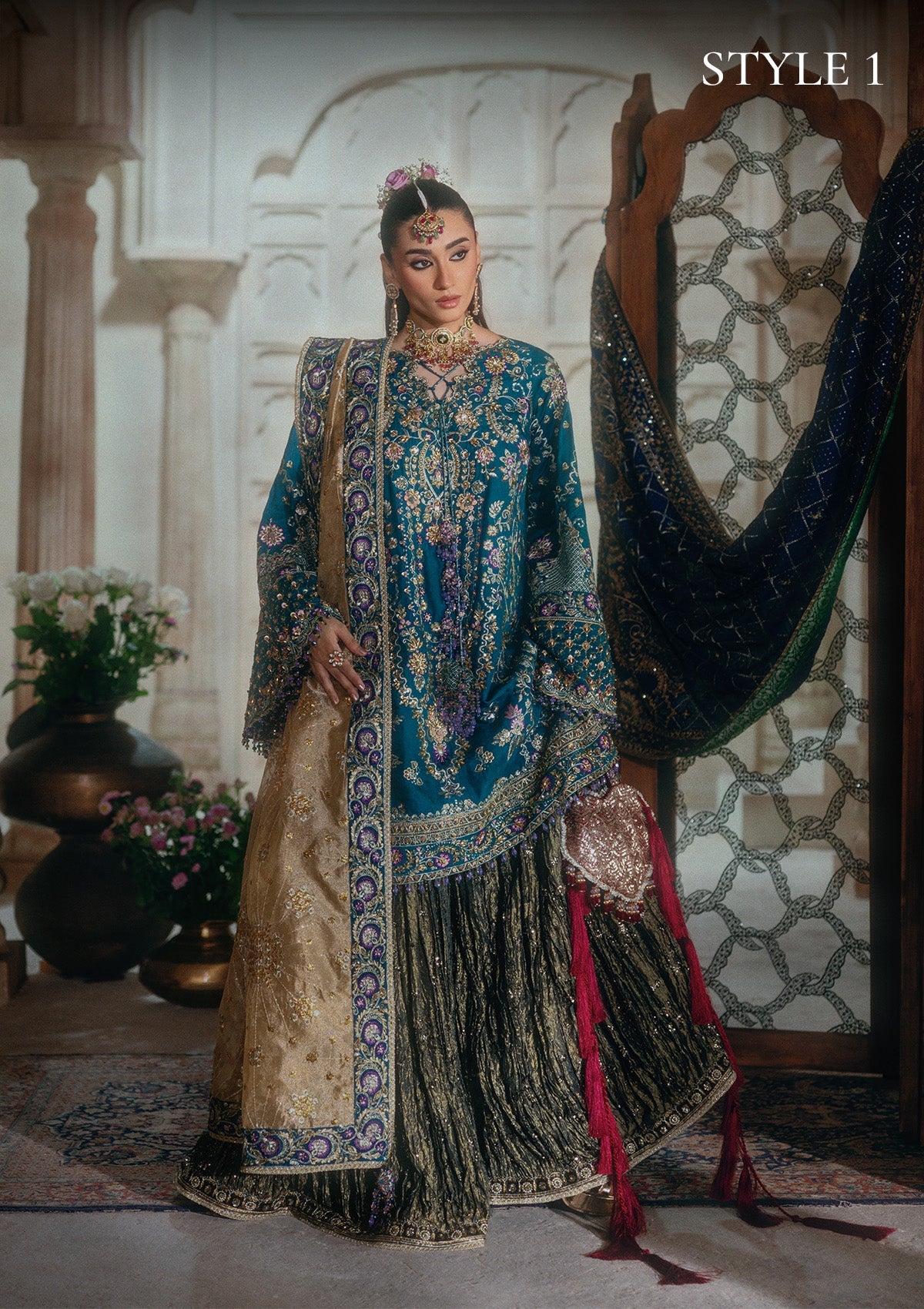 AIK Atelier Look B2607 Pakistani teal wedding formal with tissue dupatta
