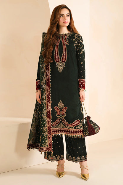 Elegant pure velvet formal dress with rich embroidery and chiffon dupatta. Unstitched luxury outfit designed to elevate your festive and formal style.