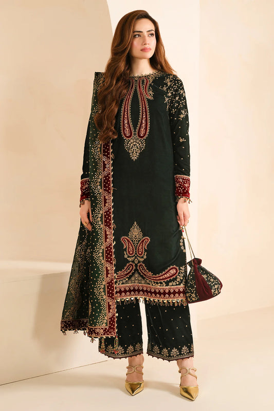 Elegant pure velvet formal dress with rich embroidery and chiffon dupatta. Unstitched luxury outfit designed to elevate your festive and formal style.