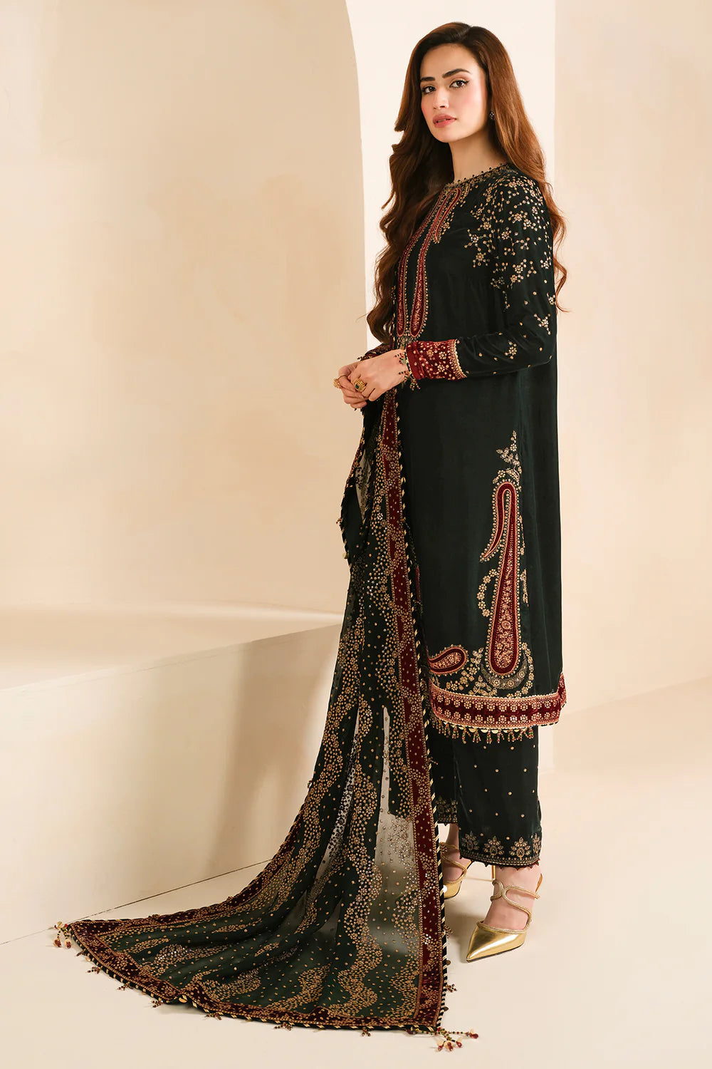 Elegant pure velvet formal dress with rich embroidery and chiffon dupatta. Unstitched luxury outfit designed to elevate your festive and formal style.