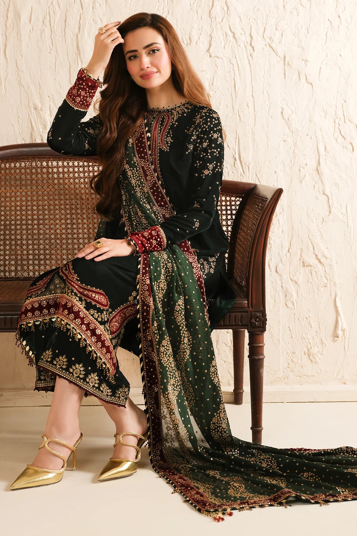 Elegant pure velvet formal dress with rich embroidery and chiffon dupatta. Unstitched luxury outfit designed to elevate your festive and formal style.
