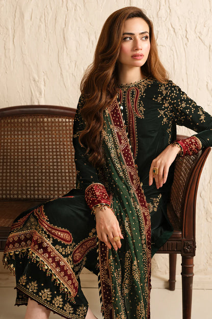 Elegant pure velvet formal dress with rich embroidery and chiffon dupatta. Unstitched luxury outfit designed to elevate your festive and formal style.