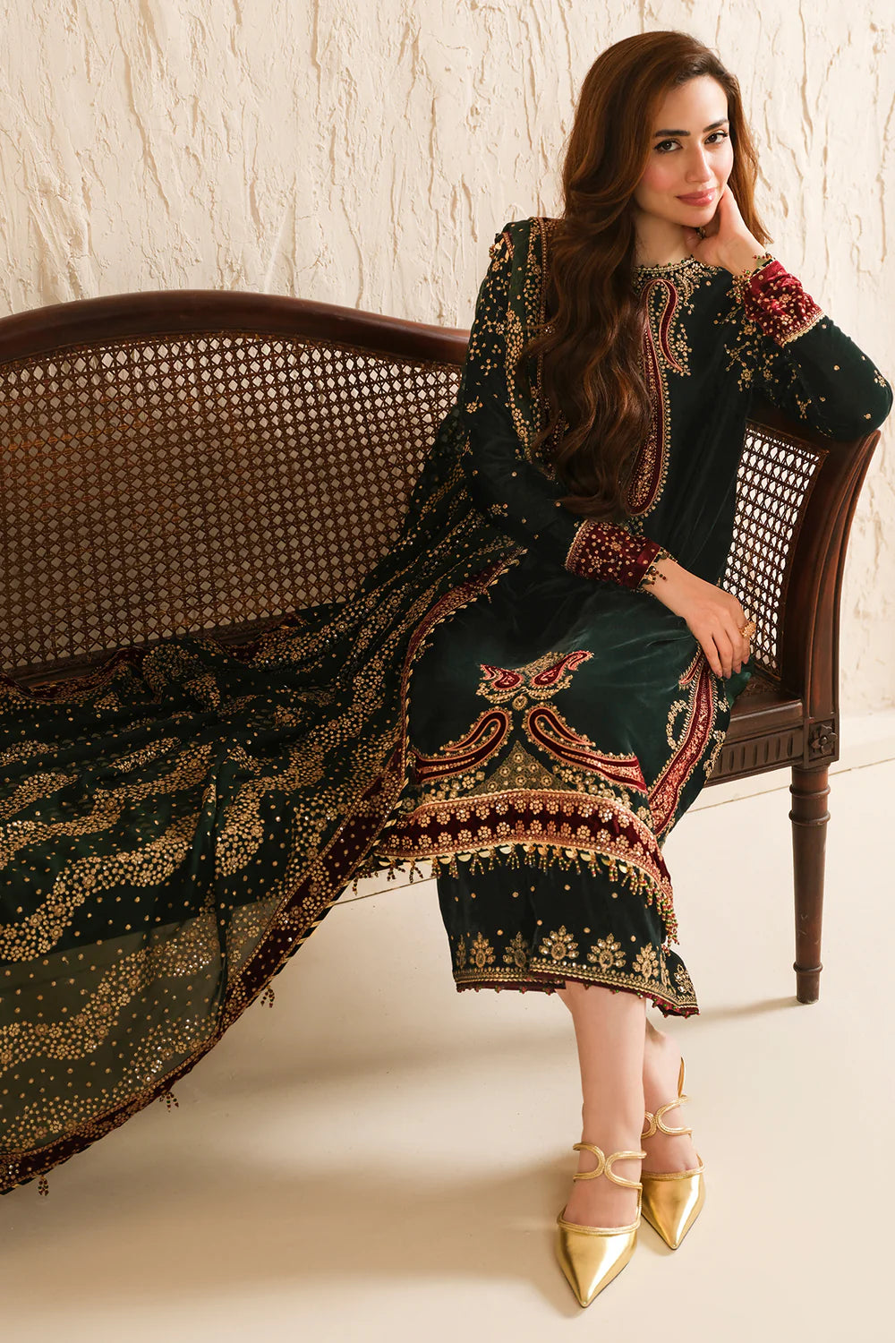 Elegant pure velvet formal dress with rich embroidery and chiffon dupatta. Unstitched luxury outfit designed to elevate your festive and formal style.