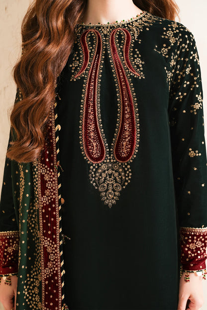 Elegant pure velvet formal dress with rich embroidery and chiffon dupatta. Unstitched luxury outfit designed to elevate your festive and formal style.
