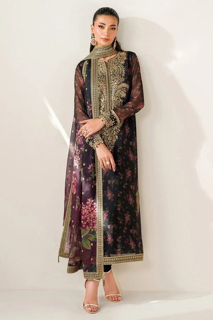 Digitally printed chiffon suit with intricate embroidery, bordered dupatta, and raw silk bottom—perfect for a graceful, formal, and timeless look.