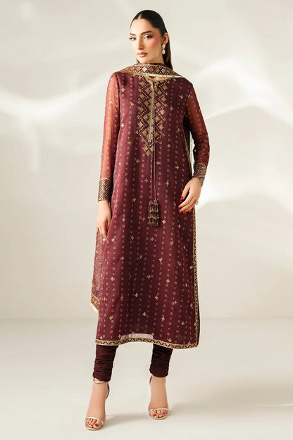 Digitally printed chiffon with intricate embroidery, bordered dupatta, and dyed raw silk bottom—perfect for weddings, festive events, or formal wear.