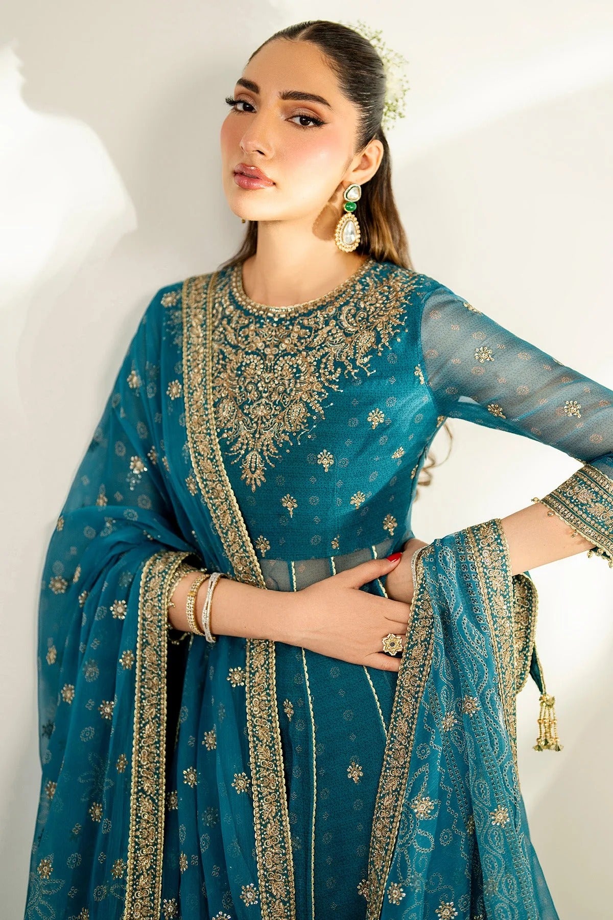 Digitally printed chiffon suit with embroidery on yoke, panels, sleeves & dupatta. Paired with dyed rawsilk bottom for a luxe, elegant formal look.