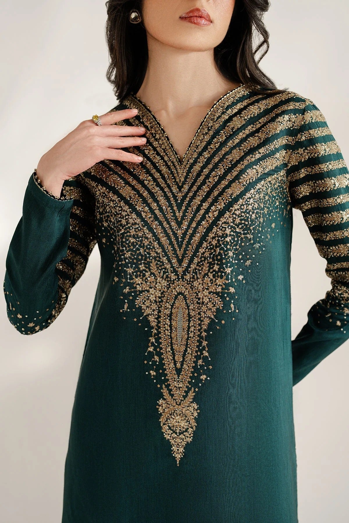 UR-7056 features embroidered Korean rawsilk front, sleeves, and bottom with a check woven organza dupatta—crafted for elegant, formal occasions.