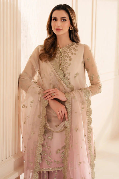 UC-3067 features digital printed chiffon with fine embroidery on front, sleeves, and dupatta—paired with a dyed rawsilk bottom for a refined look.