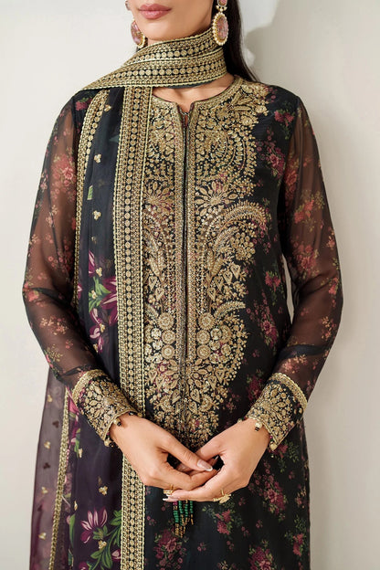 Digitally printed chiffon suit with intricate embroidery, bordered dupatta, and raw silk bottom—perfect for a graceful, formal, and timeless look.