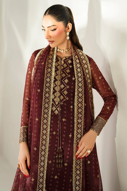 Digitally printed chiffon with intricate embroidery, bordered dupatta, and dyed raw silk bottom—perfect for weddings, festive events, or formal wear.